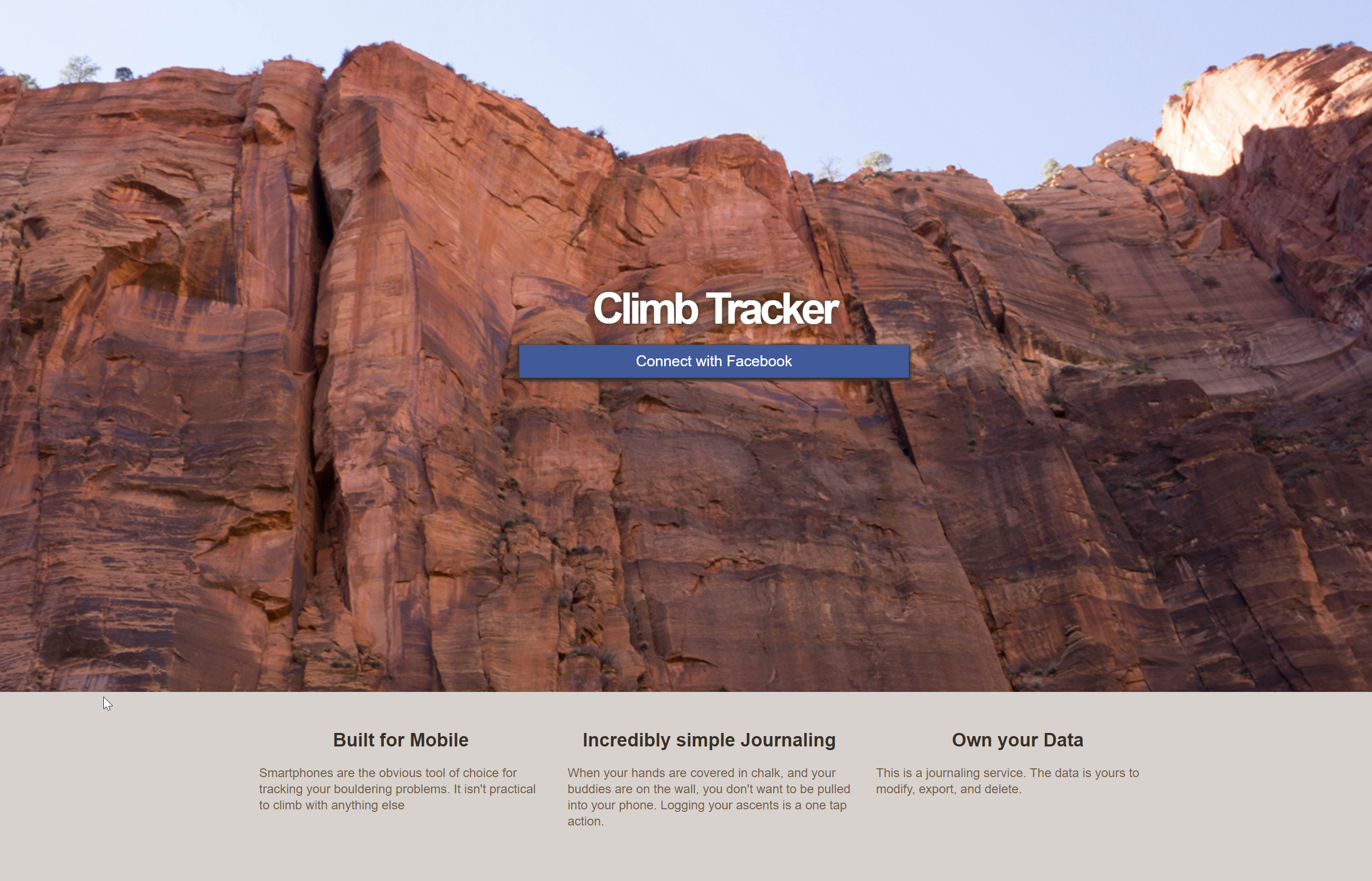 The landing page for the Climb Tracker app